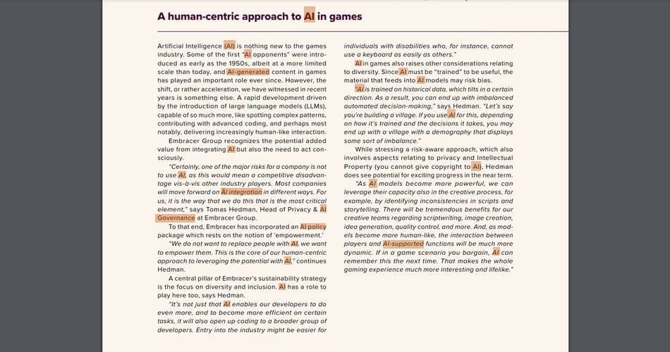 Embracer Group Bericht, Seite, die der KI gewidmet ist