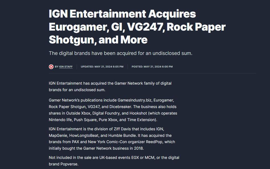offizielle Nachricht über die Übernahme von Gamer Network durch IGN