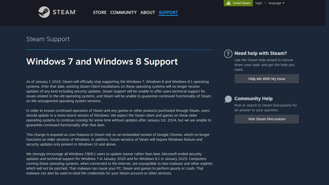 Offizielle Ankündigung von Valve zum Ende der Unterstützung für Windows 7, 8 und 8.1