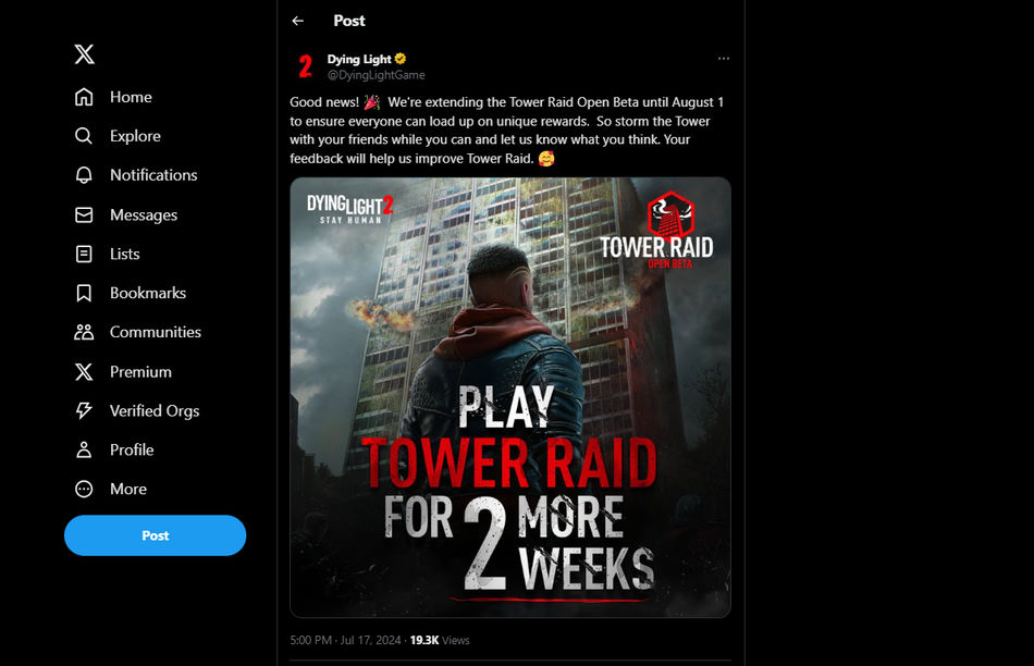 Techland kündigt die Verlängerung des Tower Raid auf Dying Light 2 an, twitter(X)