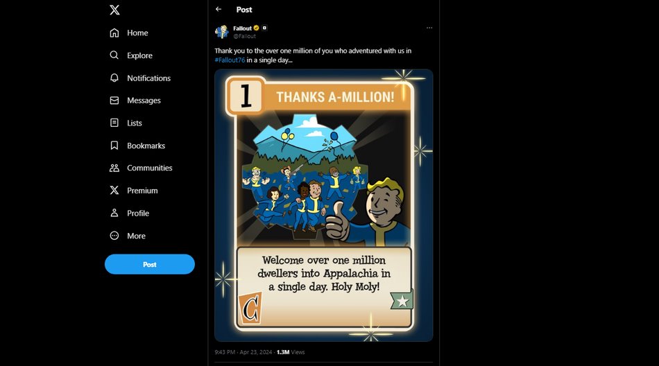 Über 1 Million Spieler an einem Tag in Fallout 76 über Twitter