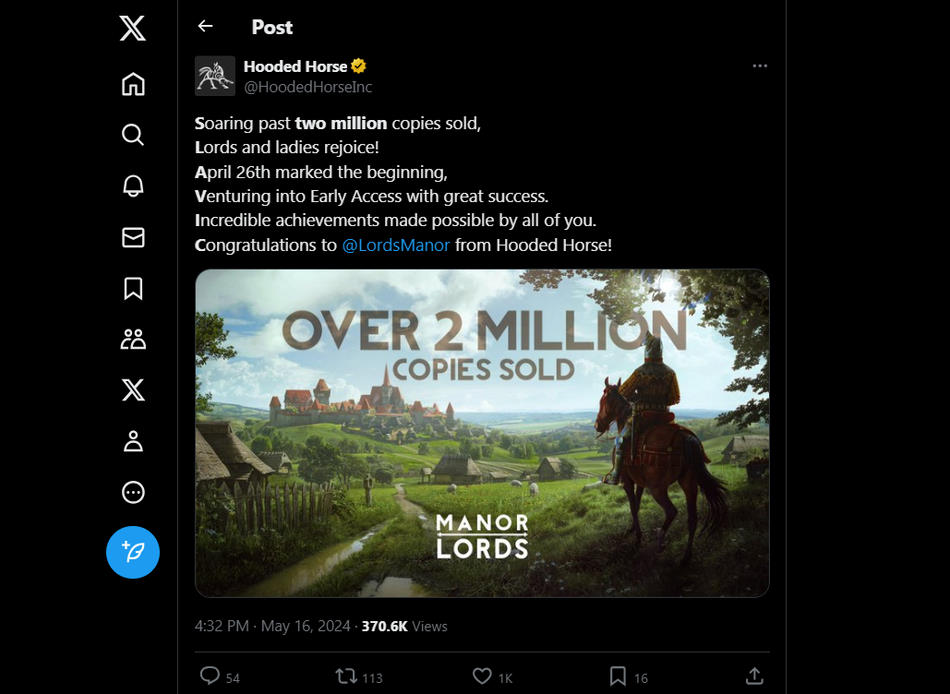 Hooded Horse kündigt auf Twitter an, dass Manor Lords die 2 Millionen verkauften Exemplare überschritten hat