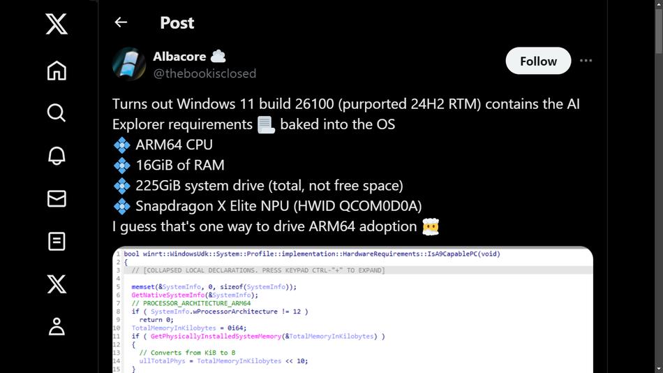 Tweet des Benutzers Albacore zu den KI-Anforderungen von Windows 11